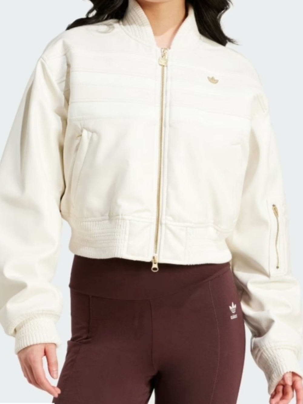Adidas Original Ivory Cropped Bomber Jacket with Gold Hardware